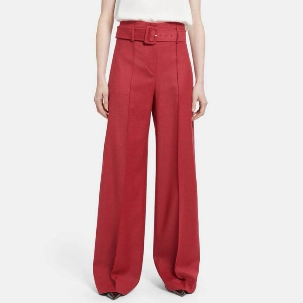 NWT Theory Red Pink Ruby Melange Sleek Flannel Wide Leg Belted Pants Size 0